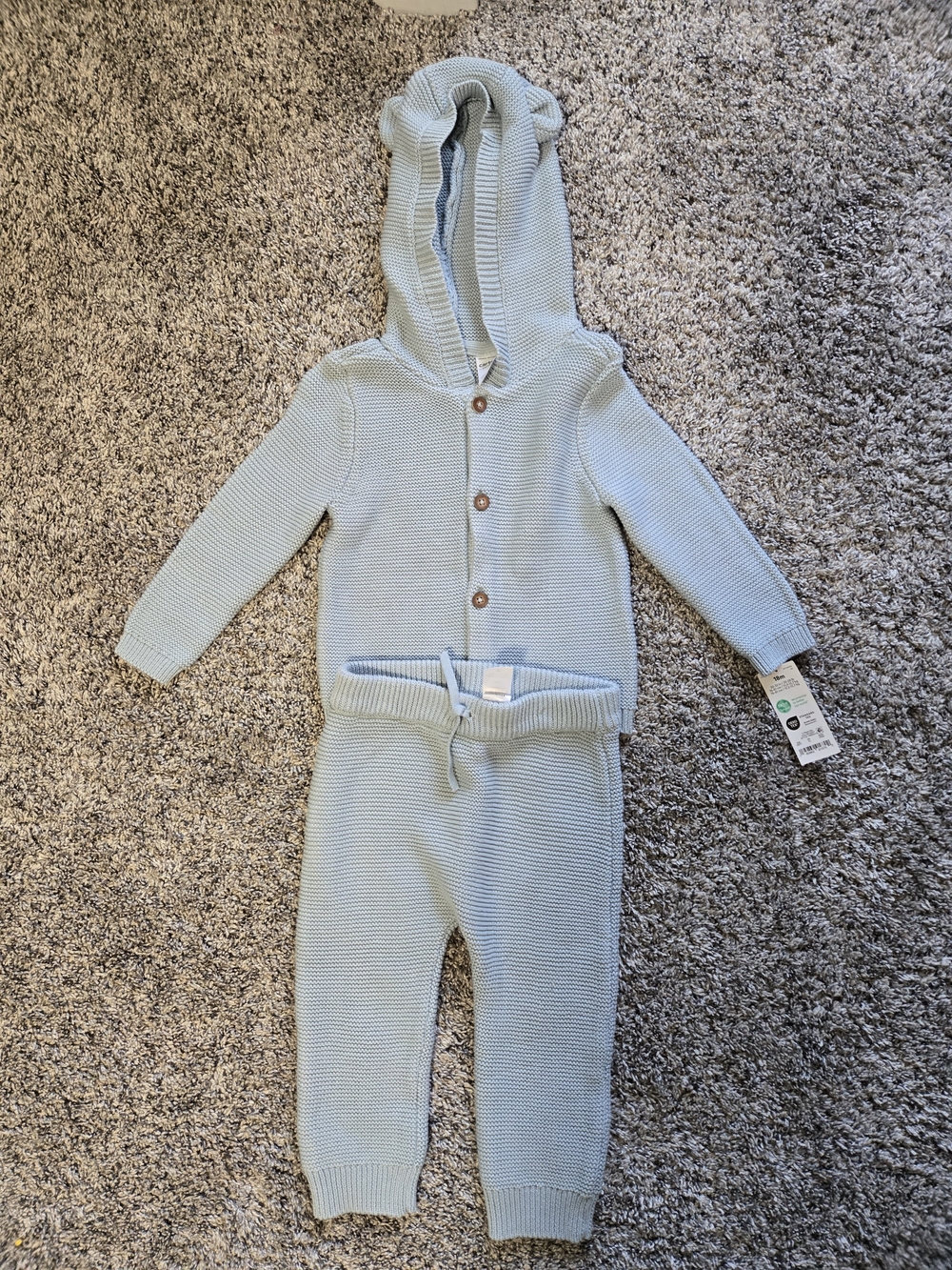 Light Blue Knit Hooded Sweater & Pants Matching Set for Kids